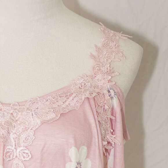 Womens 2XL Pink Floral Top Cold Shoulder Lace Lightweight EUC Off the Shoulder - Picture 6 of 8